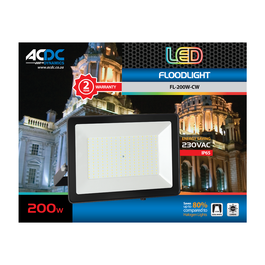220-240 200W Cool White LED Alum. Flood Light IP65