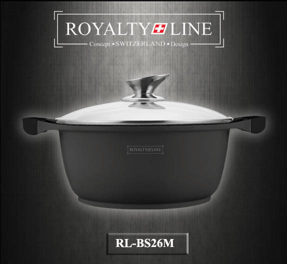 Royalty Line - 26 cm Induction Base Marble Coating Casserole Soup Pot With Glass Lid - Black