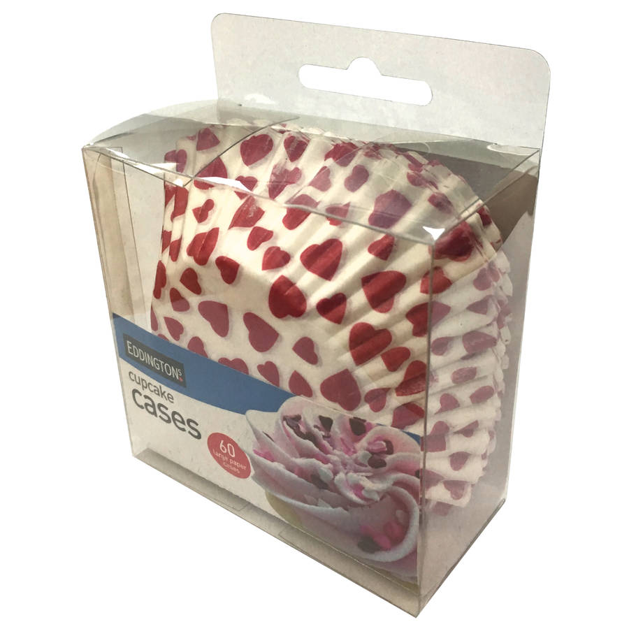 60x Eddingtons Large Paper Baking Cup Cake Cupcake Muffin Cases White Red Hearts