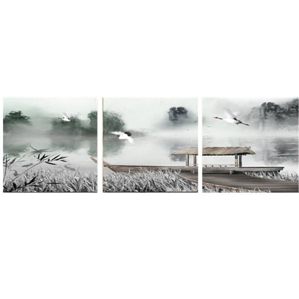 Cranes Boat Lake Chinese Painting Combination Painting Printed On Canvas Framel