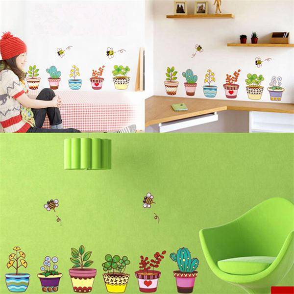 6 Colorful Potted Flowers Plants Bee Wall Stickers Rural Garden Removable Art D