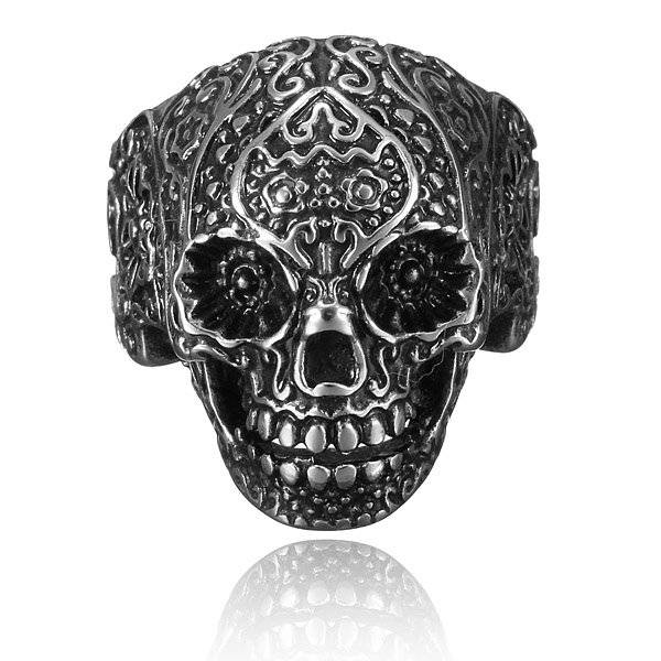 316L Stainless Steel Punk Carved Flower Skull Finger Ring Men Jewelry