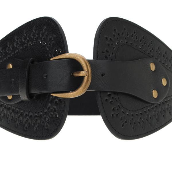 Fashion Ladies Faux Leather leatherette Stud Wide Elastic Single Pin Waist Belt