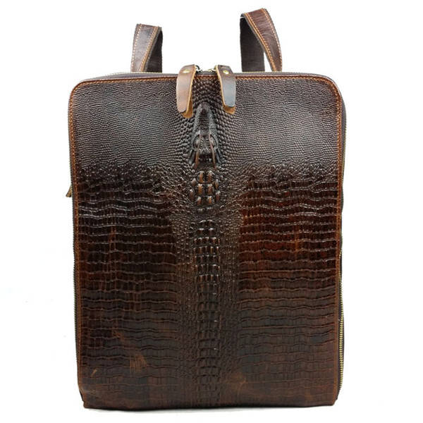Genuine Leather Men Multifunctional Crocodile Pattern Travel Backpack