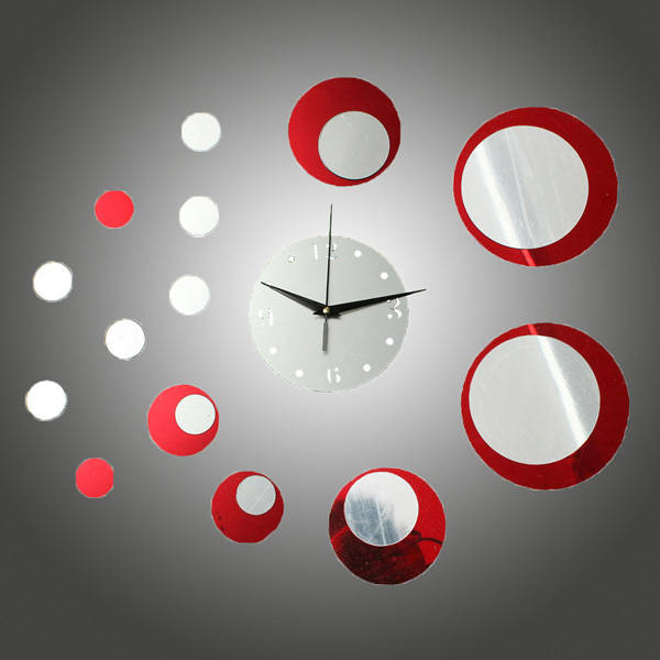 DIY Wall Decal Clock Red Acrylic Circle Mirror Effect Wall Clock Sticker Home D