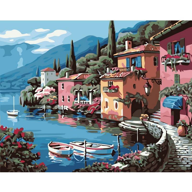 Lakeside Numbers Kit DIY Painting Oil Painting Villa Pictures Frameless Canvas