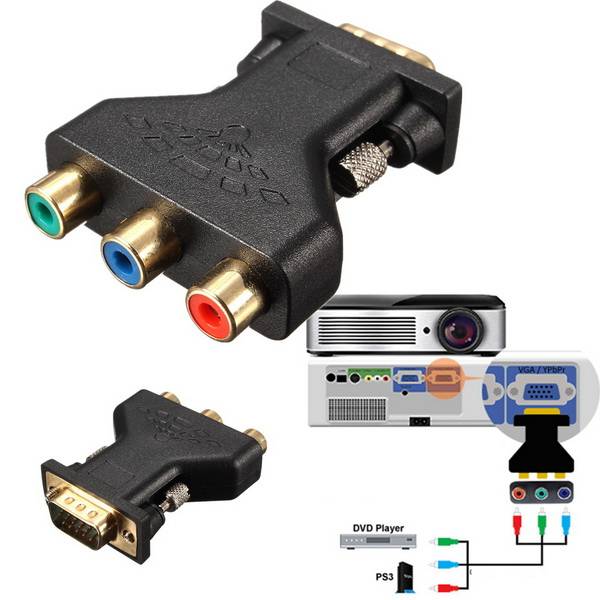 3 RCA RGB Video Female To HD15-Pin VGA Component Video Jack Adapter