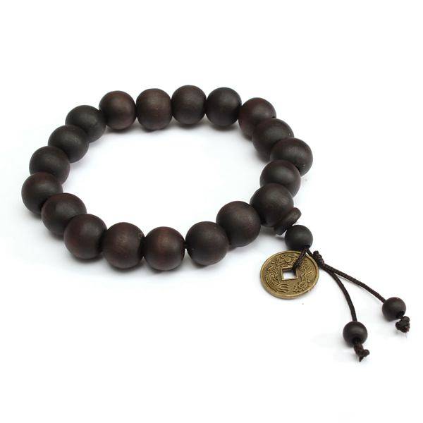 Black Buddhist Tibetan Prayer Wood Beads Coin Bracelet Unisex