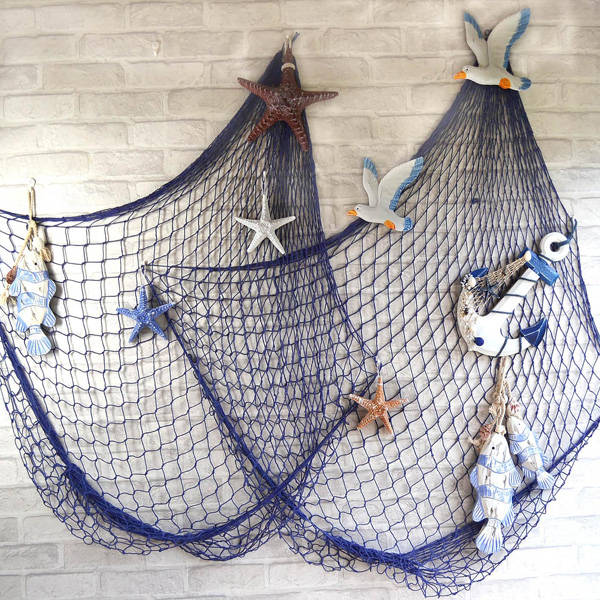 Mediterranean Style Decorative Fish Net With Shells Blue White