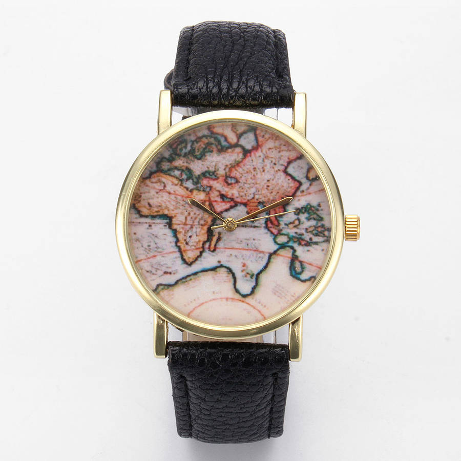Men Women Stylish World Map Faux Leather Strap Quartz Analog Casual Wrist Watch