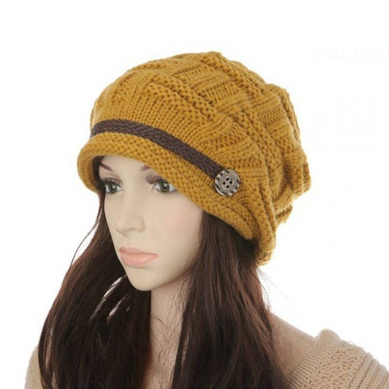 Women Girl Crochet Strap Knitting Caps Button Decorative Baggy Beanie Hat