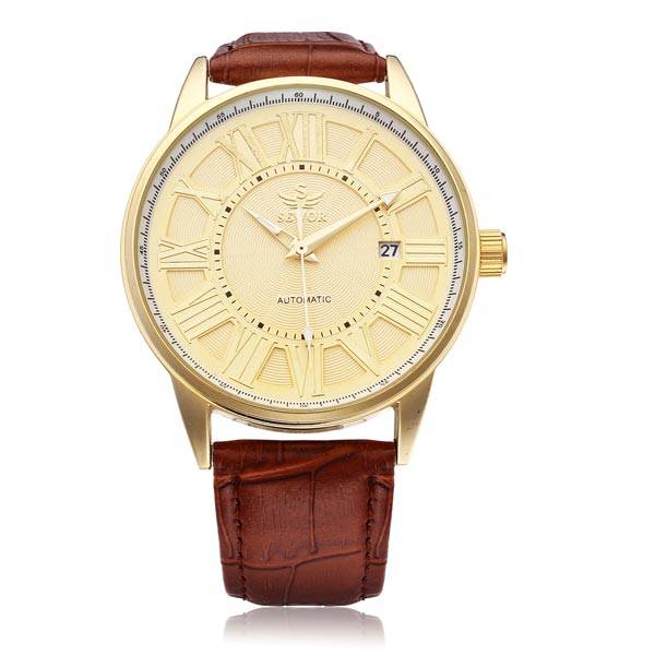 Sewor PU Leather Brown Mechanical Romen Gold Men Wrist Watch
