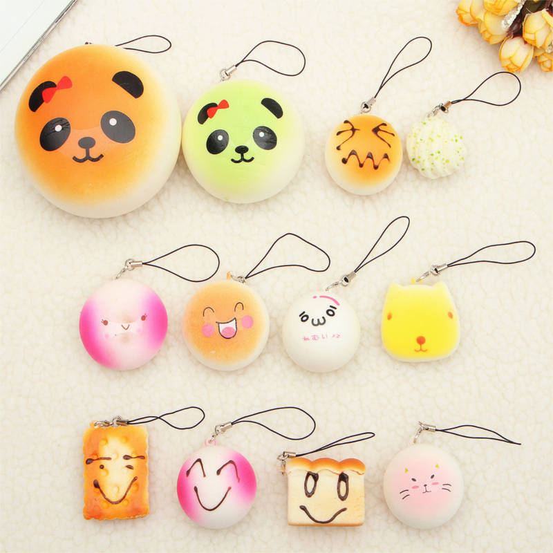 12PCS Mini Random Squishy Soft Panda/Bread/Donut/Buns/Macaroon Phone Charms Str