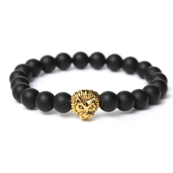 8mm Gold Lion Head Matte Stone Bead Elastic Hand Bracelet