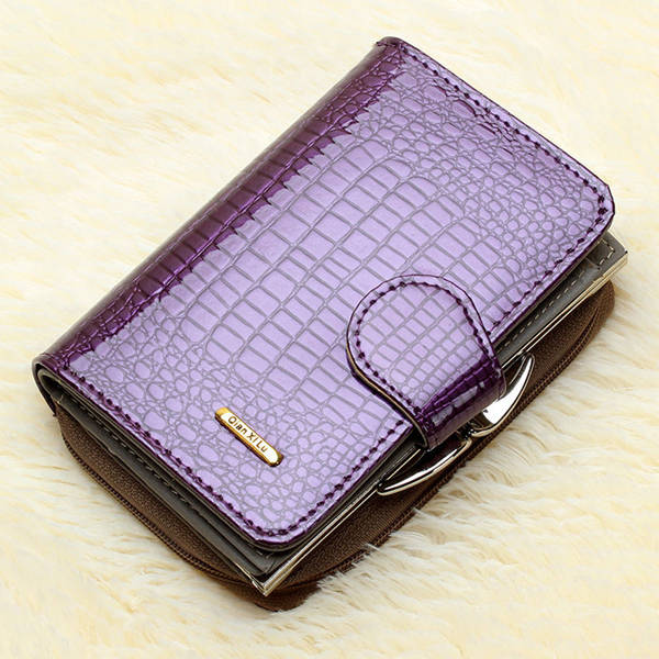 Women Crocodile Genuine Patent Leather Short Zip Wallet Coin Card Holder Purse