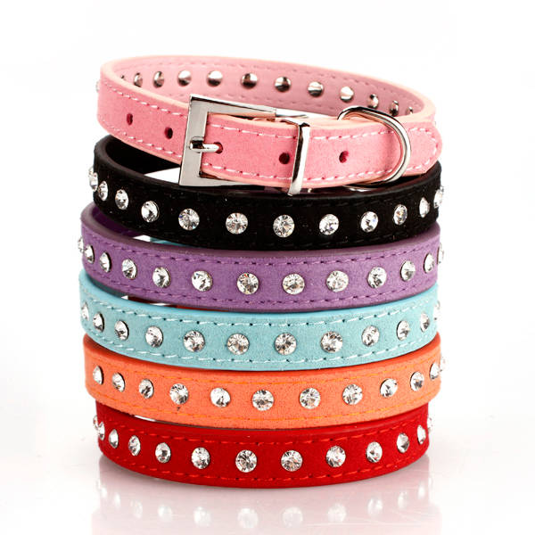 Dog Suede PU Leather Rhinestone Stud Collar Strap Buckle