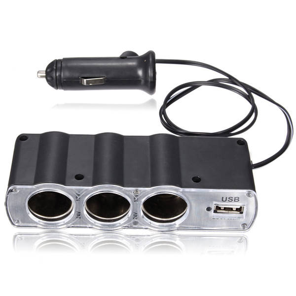 3 Way Car Cigarette Lighter Socket Splitter Adapter DC 12V/24V + USB Charger