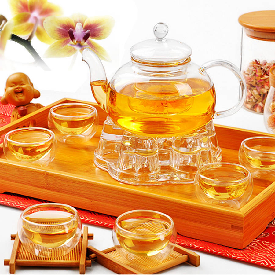 Chinese Gongfu Glass Tea Pot Set With Infuser Filter Tealight Warmer 6 Cups