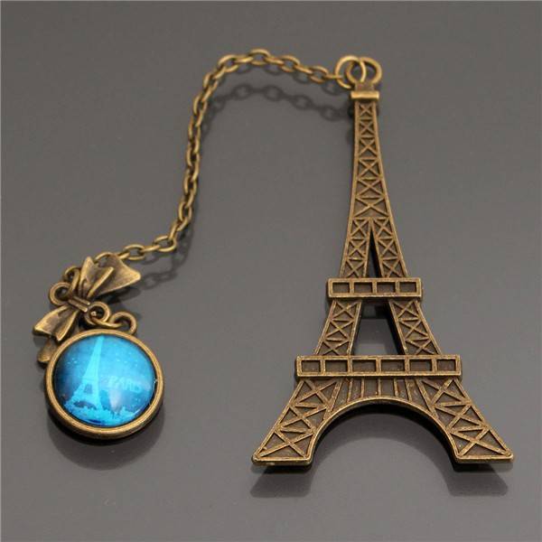 Bronze Metal Eiffel Tower Shape Bookmarks with Vintage Blue Glass Pendant Bookm