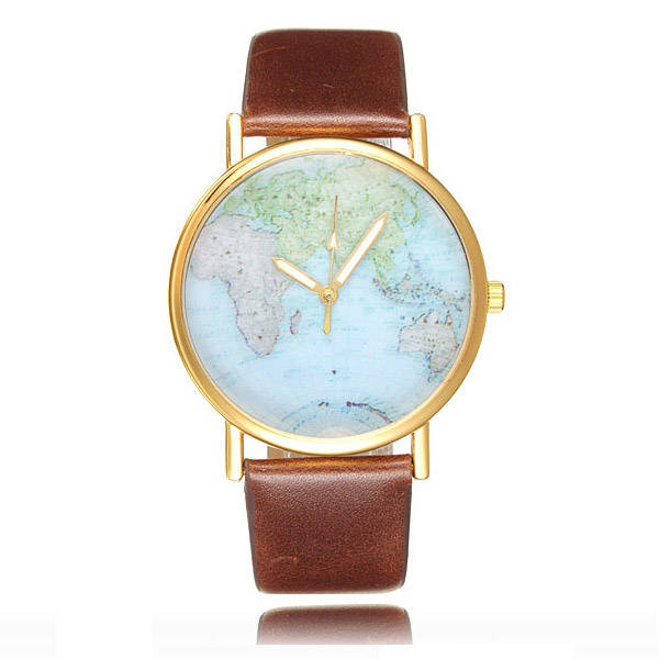 World Map Globe Leather Alloy Analog Quartz Wrist Watch