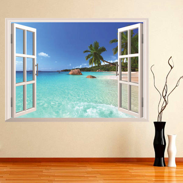 3D Hawaii Holiday Seaview Beach Window View Decal Wall Sticker