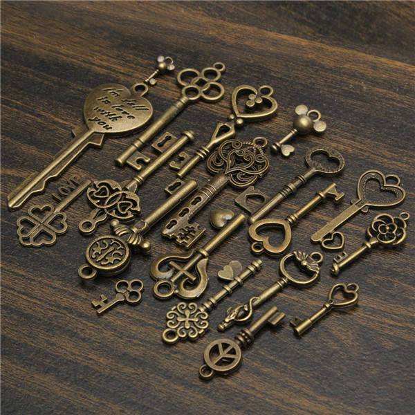 19Pcs Antique Vintage Old Look Skeleton Key Set Lot Pendant Heart Bow Lock Stea