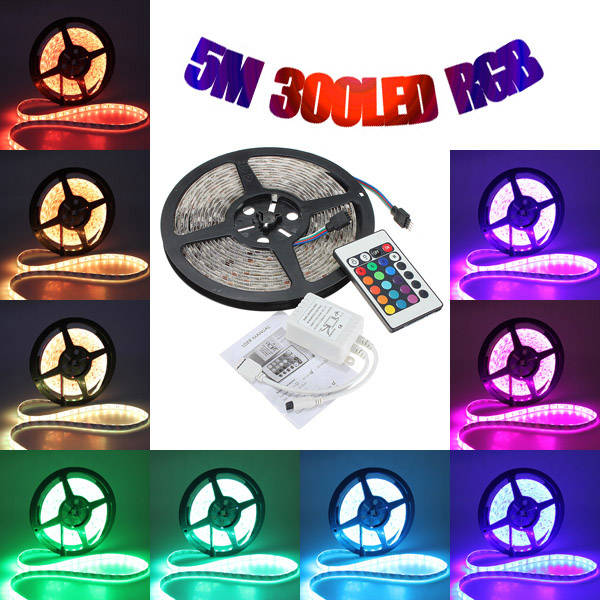 5M 5050 RGB Waterproof 300 LED Strip Light 12V DC 24 Key IR Controller