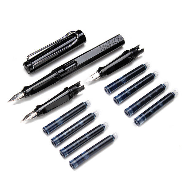 Black Hero 359 Fountain Pen Set 3 Pen Nibs 8 Ink Cartridge Refills