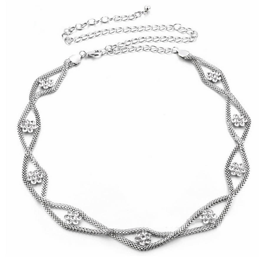 Women Flower Rhinestone Silver Waist Belt Chain Body Jewelry