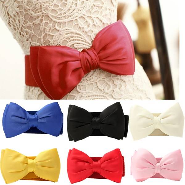 Women Ladies Chiffon Bowknot Elastic Bow Wide Stretch Buckle Waistband Waist Be