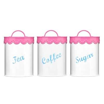 Premier Housewares Set Of 3 Tea, Coffee & Sugar Canisters With Pink lace