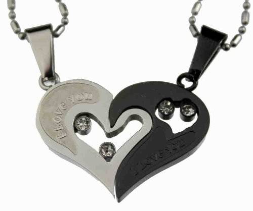 Lovers /Couple Black /Silver Tone Heart Pendant Set, Stainless Steel