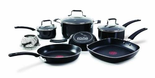 Jamie Oliver by T-fal D195SA64 Hard Enamel Nonstick Dishwasher Safe 10-Piece Cookware Set, Black