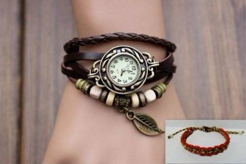 Brown Color Quartz Fashion Weave Wrap around Leather Bracelet Lady Women Wrist Watch