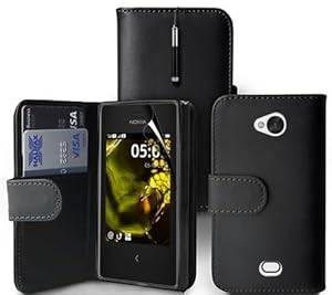 Zonewire BLACK FLIP LEATHER CASE COVER FOR NOKIA ASHA 503 & SCREEN PROTECTOR & CLOTH & RETRACTA