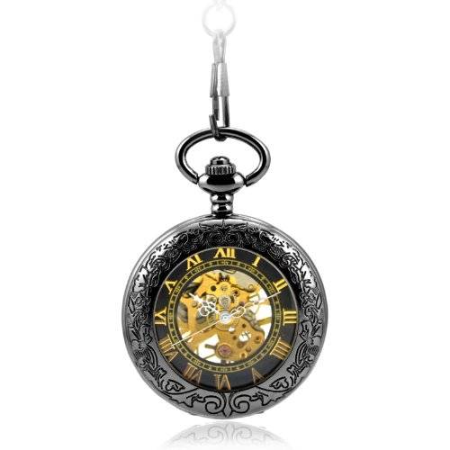 Armel Steampunk Pocket Watch Pendant Roman Number Half Hunter - Antiqued Silver Black With Gift Box