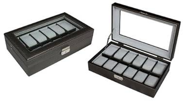 12 Piece Pewter Carbon Fiber Pattern Men's or Ladies Watch Box Collection Jewelry Storage Glass Top