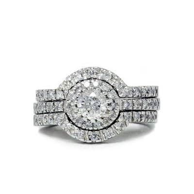 STUNNING SHINE**1.25CT DIAMOND ENGAGEMENT RING WEDDING SET TRIO PAVE HALO WHITE GOLD