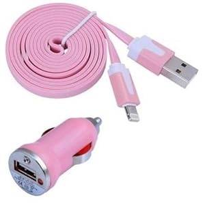 2 in 1 flat baby pink car charger for apple ipod iphone 5 5s 5c 2m metre usb cable by Kung Fu Donke