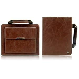 iPad 2/3/4 Stand Case with Handle & Storage Compartment Leather PU Portable Carry Case Cover Stand with Sleep Wake Protects the Device - Brown