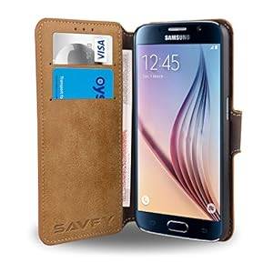 SAVFY Galaxy S6 Cover Flip PU Leather Wallet Case Pouch for Samsung G (Retro Style - Light Brown)