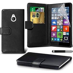 Gadget Giant Microsoft Lumia 640 XL Black Leather Wallet Flip Case Cover with Scre (Black Wallet)