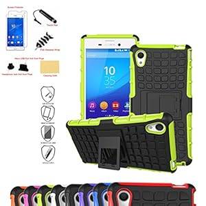 Mama Mouth Shockproof Heavy Duty Combo Hybrid Rugged Dual Layer Grip Case Cover with Kickstand For Sony Xperia M4 Aqua Smart Phone 2015 Version Green (With 6 in 1 Free Gift Packaged:High Clear Screen ProtectorScreen Cleaning ClothBlack Stylus Touch PenBlack Silicone Fish Headset WrapBlack Micro USB Port Anti Dust PlugsBlack 3.5mm Headphone Jack Anti Dust Plugs)