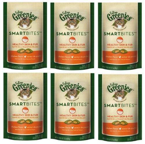 FELINE GREENIES 6-Pack Feline Smart Bites Treat, Skin and Fur Chicken, 2.1-Ounce