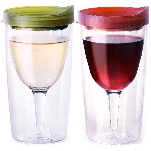 Vino2Go Set of 2 Double Wall Insulated Wine Tumblers Merlot and Verde Slide Tops Drink Lid 10 oz.