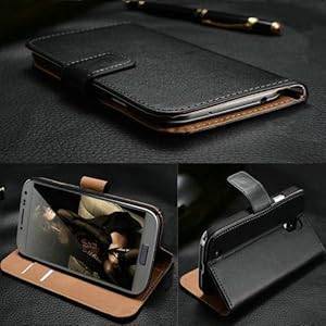 BLACK GENUINE REAL LEATHER WALLET CASE COVER & SCREEN PROTECTOR FOR SAMSUNG GALAXY S (Samsung S3)