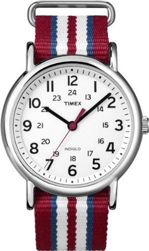 Timex Unisex T2N746 Weekender Slip-Thru Red, White & Blue Stripe Nylon Strap Watch