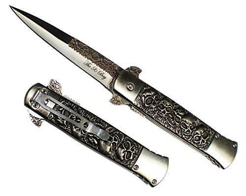 9" Black Embedded Skull Handle & Blade Michael Corleone Milano Godfather Style Pocket Knife