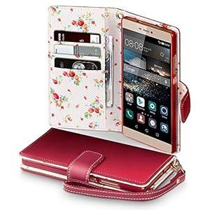 Huawei Ascend P8 Case Terrapin [Red] [Floral Interior] Premium PU Leat (Red with Floral Interior)