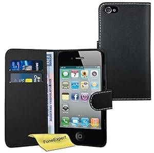 iPhone 4 4s Case FoneExpert Premium Leather Flip Wallet Book Case Cover For Apple iPhone (Black)
